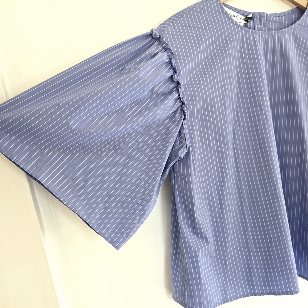 Sara Campbell Light Blue Pinstripe Cotton Blend Ruffle Sleeve Top M - Picture 4 of 8